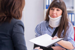 Frau mit Halskrause nach Arbeitsunfall überreicht ein Dokument.