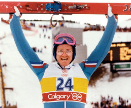 Skispringer Eddie „The Eagle“ Edwards bei den Olympischen Winterspielen in Calgary im Jahr 1988