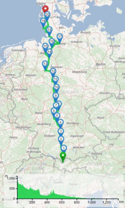 Reinhard Müllers Benefiz-Radtour-Route vom südlichsten bis zum nördlichsten Punkt Deutschlands