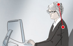 Schematische Darstellung einer Person am Computer, die dank einer Bildschirmbrille Gleitsichtbrille eine entspannte, ergonomische Körperhaltung einnimmt.