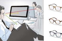 Schematische Darstellung eines Mannes, dessen Bildschirmbrille ihm eine klare Sicht auf nahe, mittelweit und weit entfernte Objekte gleichermaßen ermöglicht.