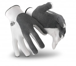 Weiß-grauer uvex HexArmor NXT 10-302 Schnittschutzhandschuh mit mehrlagigen Schutzkacheln zum Schutz vor Schnitt- und Stichverletzugnen bei der Lebensmittelzubereitung