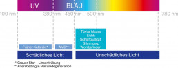 Infografik zum Lichtspektrum mit Schwerpunkt Blaulicht; 100nm bis 450 nm: schädliches Licht; 450 nm bis 780 nm: unschädliches Licht