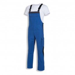 Blaue uvex perfect Workwear-Latzhose mit vielen Taschen und Stretchzonen am Knie