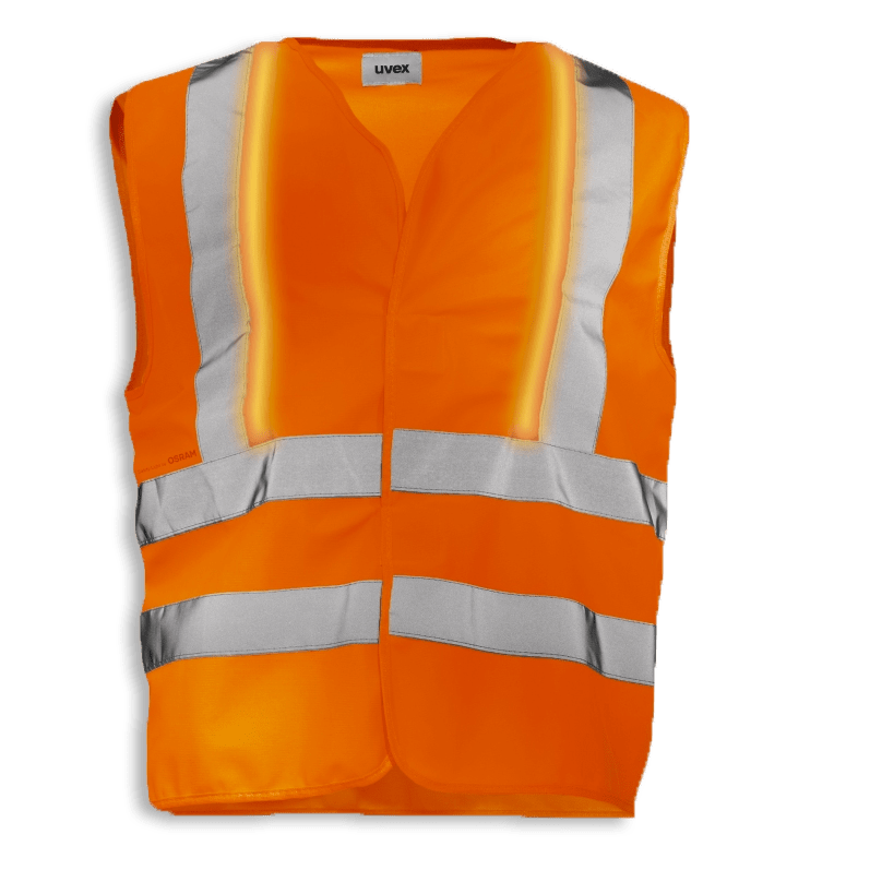 uvex protection active flash Warnweste in warnorange mit Reflektorstreifen und selbstleuchtenden LED Lichtleitern für bessere Sichtbarkeit im Dunkeln