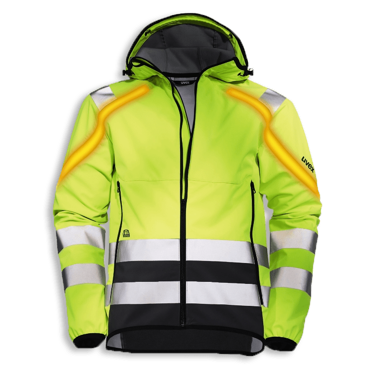 uvex protection flash 89910 Softshelljacke in warngelb mit Reflektorstreifen und selbstleuchtenden LED Lichtleitern für bessere Sichtbarkeit im Dunkeln
