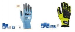 Verschiedene Schutzhandschuh-Modelle für unterschiedliche Umgebungsbedingungen am Arbeitsplatz (links: uvex phynomic C5, rechts: uvex synexo impact 1)