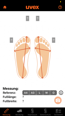 uvex Größenberater App: Fußlänge und Fußbreite anhand einer Referenz, z. B. DIN A4 Blatt, ermitteln