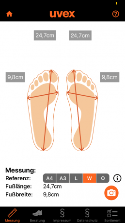 uvex Größenberater-App: Anzeige der Messergebnisse von Fußlänge und Fußbreite anhand des aufgenommenen Fotos