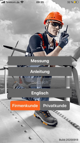 Startbildschirm der uvex Größenberater App zur Ermittlung der Sicherheitsschuhgröße