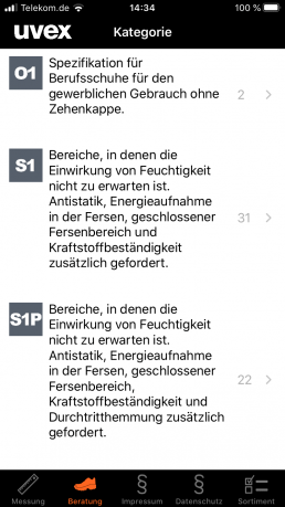 uvex Größenberater-App: Auswahl der benötigten Sicherheitsschuh-Kategorie, z. B. S1