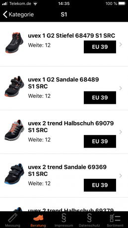 uvex Größenberater-App: Anzeige der für die ermittelte Schuhgröße und gewählte Kategorie verfügbaren Sicherheitsschuhe zur Auswahl