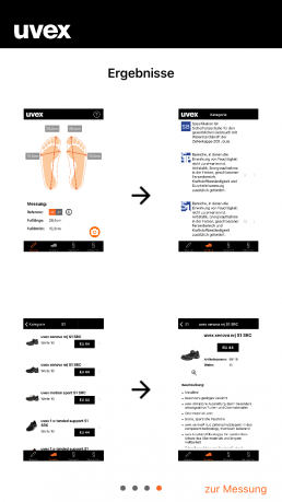 uvex Größenberater-App, Anleitung zur Fußmessung Schritt 4: Ergebnisse (Anzeige von Messwerten, Auswahl der passenden Sicherheitsschuh-Kategorie, Auswahl der richtigen Weite, Auswahl des gewünschten Sicherheitsschuh-Modells in der benötigten Größe)