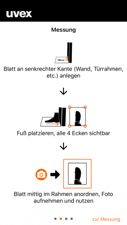 uvex Größenberater-App, Anleitung zur Fußmessung Schritt 3: Messung (Blatt auslegen, Fuß richtig darauf platzieren, Foto aufnehmen)