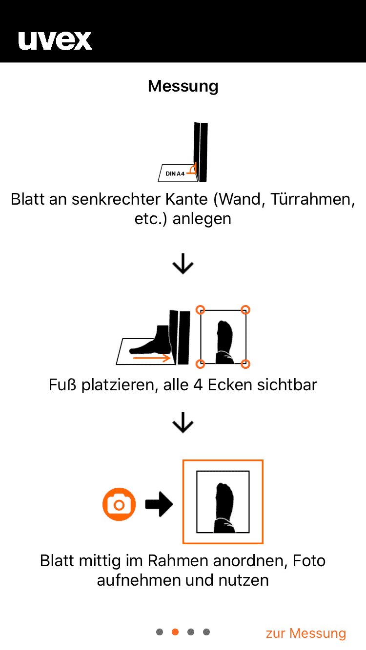 uvex Größenberater-App, Anleitung zur Fußmessung Schritt 3: Messung (Blatt auslegen, Fuß richtig darauf platzieren, Foto aufnehmen)