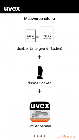 uvex Größenberater-App, Anleitung zur Fußmessung Schritt 2: Messvorbereitung (Referenzblatt DIN A4 oder DIN A3 zur Hand nehmen, dunkle Socken anziehen, App starten)