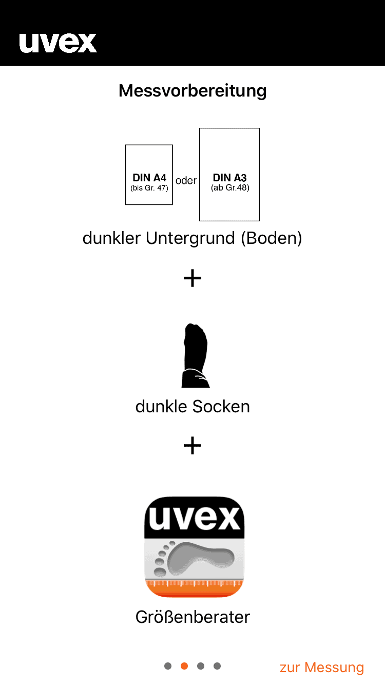 uvex Größenberater-App, Anleitung zur Fußmessung Schritt 2: Messvorbereitung (Referenzblatt DIN A4 oder DIN A3 zur Hand nehmen, dunkle Socken anziehen, App starten)