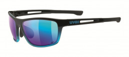 uvex sportstyle Sportbrille in individueller Sehstärke mit blau-grün getönten Gläsern sowie mit rutschhemmendem Nasenclip und Bügeln in schwarz-blau