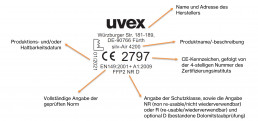 Darstellung eines uvex Atemschutzmasken-Aufdrucks mit näheren Erläuterungen zu den aufgeführten Informationen zur Überprüfung der Echtheit der Maske