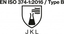 Piktogramm der Norm EN ISO 374-1:2016 Typ B für Schutzhandschuhe gegen gefährliche Chemikalien und Mikroorganismen