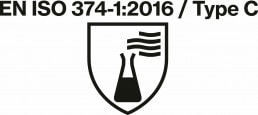 Piktogramm der Norm EN ISO 374-1:2016 Typ C für Schutzhandschuhe gegen gefährliche Chemikalien und Mikroorganismen