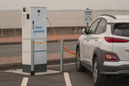 Ein Elektroauto wird an der Ladestation einer Stromtankstelle aufgeladen.