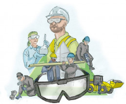 Cartoon mit Bauarbeitern und einer ergonomischen Schutzbrille von uvex