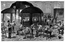 Stichgravur mit Darstellung von Arbeitern in einer Glasfabrik im 19. Jahrhundert