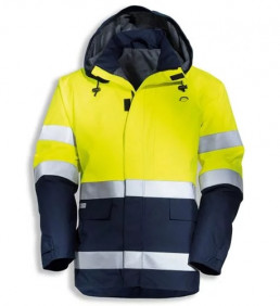 uvex protection multifunction + high-vis Wetterjacken-Parka in warngelb und dunkelblau mit Kapuze und Reflexstreifen