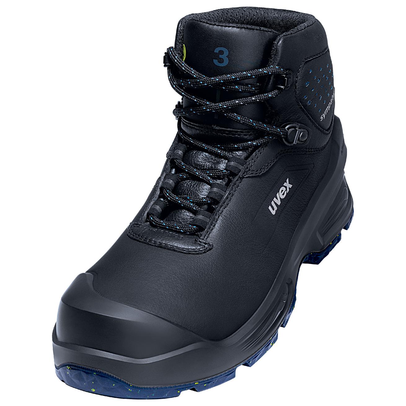 Schwarzer uvex 3 Sicherheitsschuh mit mittelhohem Schaft und Schnürung. Der Schuh hat eine robuste, rutschfeste Sohle mit blauen Akzenten und eine verstärkte Zehenschutzkappe. Das Design kombiniert Funktionalität und Komfort für anspruchsvolle Arbeitsumgebungen.